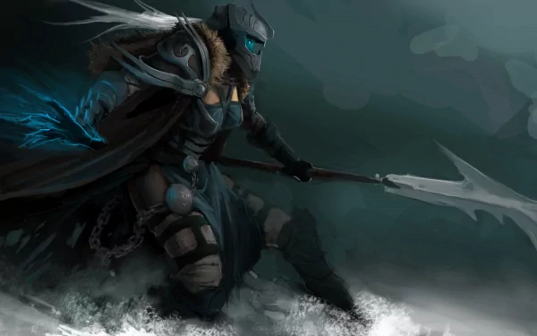 A dark warrior clad in armor wields a glowing spear, poised in a stormy, misty landscape; rendered in 4K Ultra HD for PC desktop wallpaper and background.