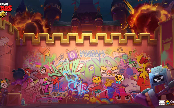 Colorful graffiti art featuring characters from Brawl Stars, set against a vibrant backdrop of a castle. A striking HD desktop wallpaper for video game enthusiasts.