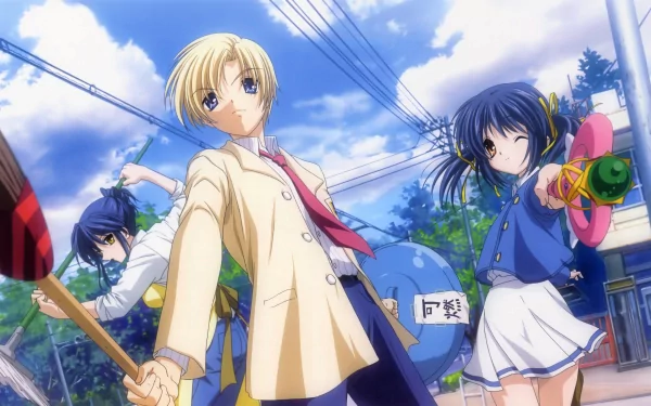 4K Ultra HD PC desktop wallpaper of the Clannad anime: Misae Sagara with Youhei and Mei Sunohara in school uniforms on a sunny street.