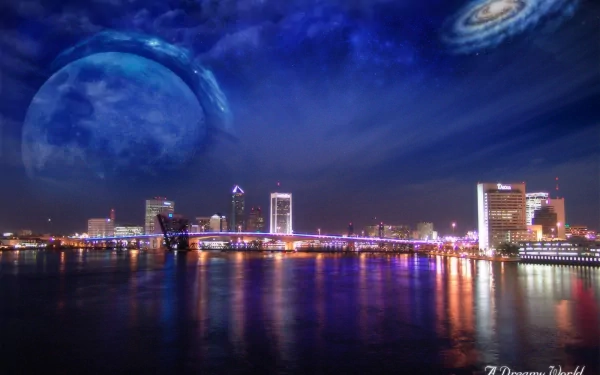 HD PC desktop wallpaper of a vibrant city skyline at night with reflections on water, featuring a dreamy sky with planets and galaxies blending nature and fantasy.