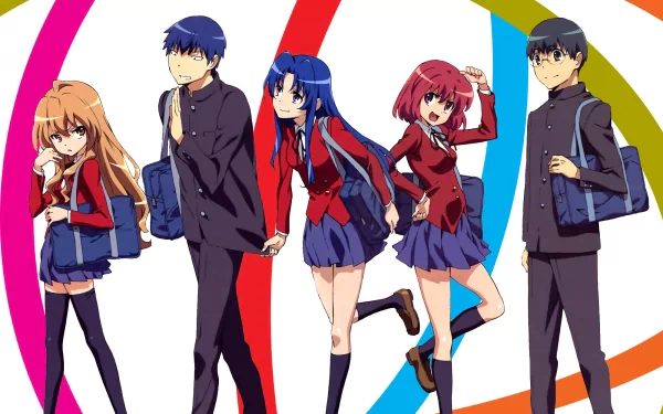 HD desktop wallpaper featuring Taiga Aisaka, Ami Kawashima, Minori Kushieda, Ryuuji Takasu, and Yusaku Kitamura from the anime Toradora! standing together against a colorful background.