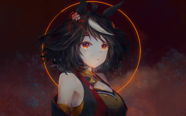 Kitasan Black from Uma Musume: Pretty Derby — anime portrait with dark flowing hair, white streak, red eyes and a glowing orange halo; 2K Quad HD PC desktop wallpaper/background.