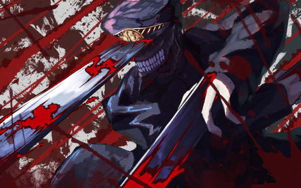 HD PC desktop wallpaper featuring Katana Man from the anime Chainsaw Man, showcasing a dark, intense scene with blood-splattered swords and a menacing expression.