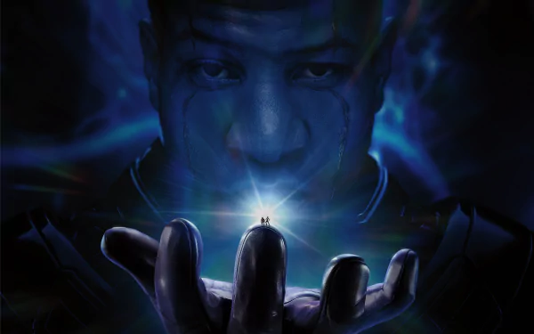 8K Ultra HD PC desktop wallpaper featuring a dramatic scene from the movie Ant-Man and The Wasp: Quantumania with a glowing figure held in a giant hand.