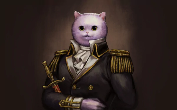 HD desktop wallpaper from the video game Monster Prom 3: Monster Roadtrip, featuring a cat-headed character dressed in an 18th-century military uniform holding a sword.