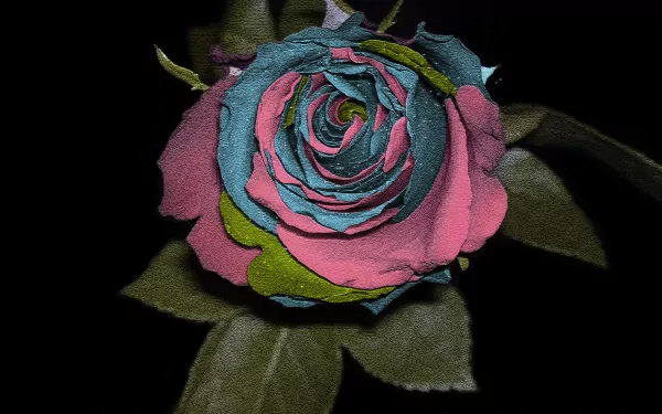 A vibrant 4K Ultra HD wallpaper featuring a multicolored rose with blue, pink, red, and green hues against a dark background, highlighting nature’s colorful beauty.