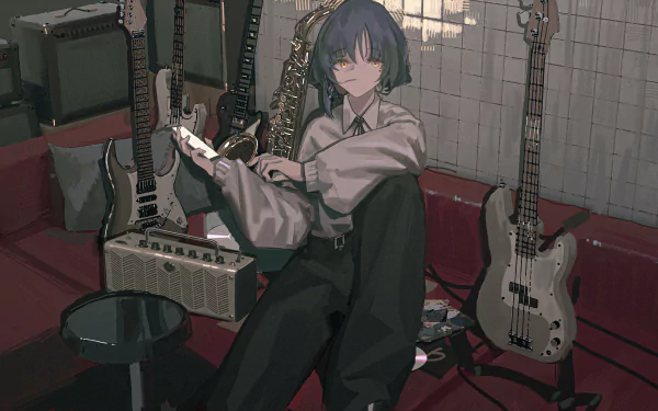 Ryou Yamada from Bocchi the Rock! anime poses confidently in a music room surrounded by guitars in this 4K Ultra HD PC desktop wallpaper.