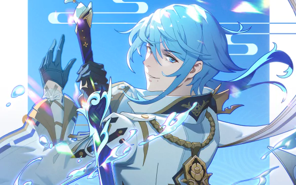 Kamisato Ayato from the video game Genshin Impact — HD PC desktop wallpaper showing him in white-blue robes holding a glowing sword amid flowing water and sky motifs.