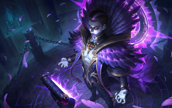 HD PC desktop wallpaper/background of a video game character from Mobile Legends: Bang Bang — a pale, sinister mage in a purple feathered cloak, casting crackling violet magic amid ruined, chained battlements.