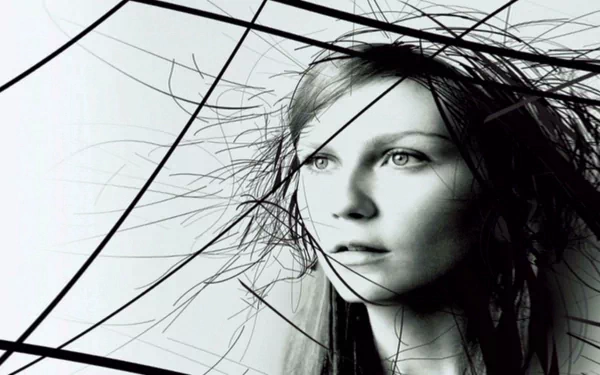 HD PC desktop wallpaper featuring a close-up black and white portrait of a woman with strands of hair, associated with the Spider-Man 2 movie.