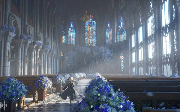 HD desktop wallpaper from Genshin Impact featuring Lumine in a majestic, sunlit cathedral with vibrant blue flowers and intricate stained glass windows.