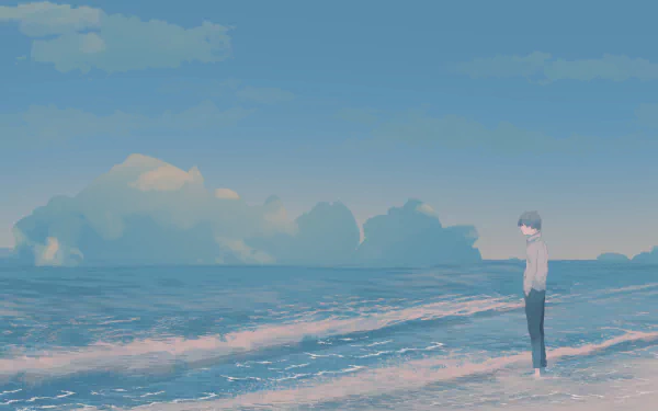 Anime boy standing alone on a calm beach under a clear sky, rendered in 4K Ultra HD for a PC desktop wallpaper and background.