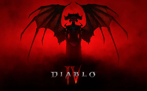 HD desktop wallpaper of Diablo IV, featuring a dark, silhouetted figure with wings against a moody red backdrop with the game's logo prominently displayed.