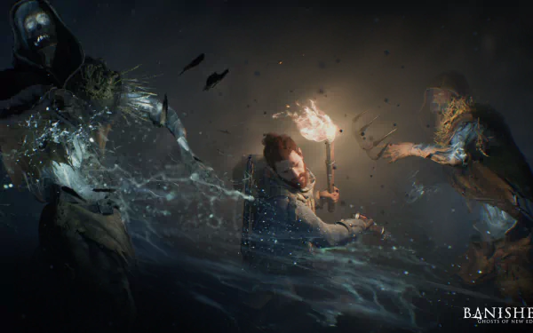 HD wallpaper of Banishers: Ghosts of New Eden featuring a dramatic confrontation scene with mystical elements.