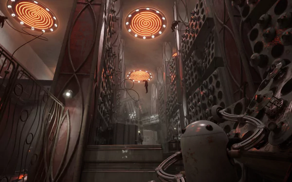 HD wallpaper of an atmospheric scene from Atomic Heart featuring intricate machinery and glowing ceiling lights in a dimly lit industrial setting.