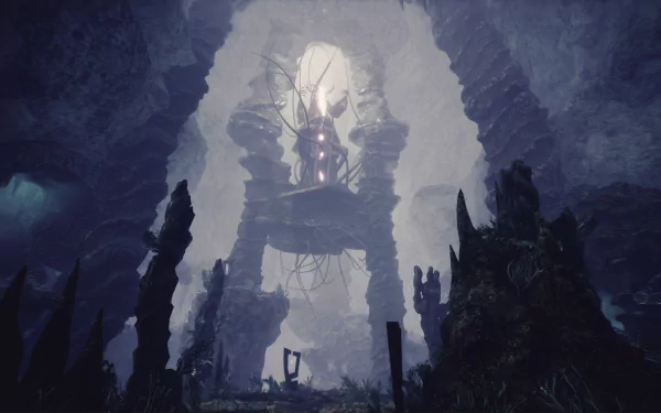 HD wallpaper featuring a mystical Blacktail fantasy landscape with eerie towering structures under a hazy blue light.