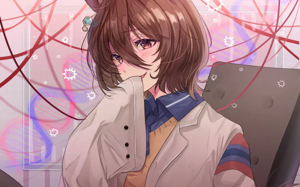 Agnes Tachyon from Uma Musume: Pretty Derby (anime), 4K Ultra HD PC desktop wallpaper — close-up of a brown-haired, horse-eared girl with pink eyes, shy expression and layered school-style outfit.