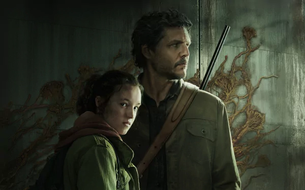 Two main characters from the TV show The Last of Us stand together, showing determination against a haunting background. This HD wallpaper captures their resilience and bond.