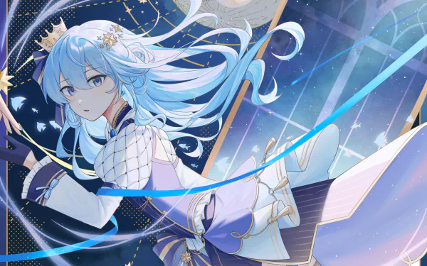 Hoshimachi Suisei (hololive) anime Virtual YouTuber with flowing blue hair and starry outfit, posed among ribbons and a cosmic backdrop — 2K Quad HD PC desktop wallpaper/background.