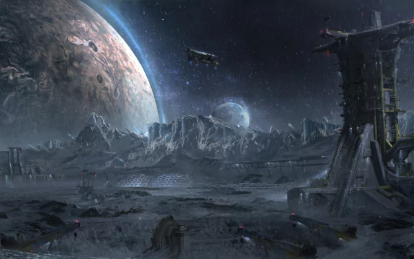 HD PC desktop wallpaper featuring a dark, detailed lunar landscape with structures and spaceships from the video game The Callisto Protocol.