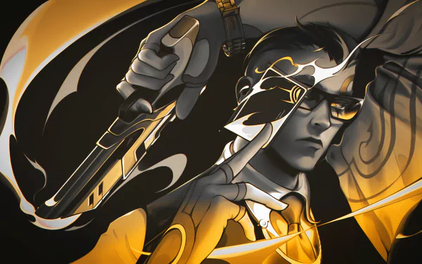 HD PC desktop wallpaper featuring Chamber from Valorant, showcasing the character with sleek, detailed art and dynamic black and orange tones from the popular video game Valorant.