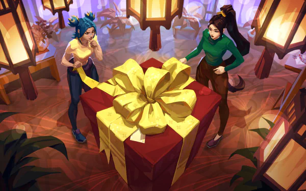 HD PC desktop wallpaper featuring Valorant characters Sage and Neon standing beside a large gift box wrapped with a yellow ribbon in a festive, lantern-lit setting.