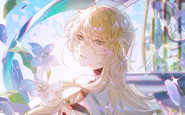 HD PC desktop wallpaper featuring Luocha from the video game Honkai: Star Rail, surrounded by delicate blue flowers and soft, ethereal lighting.