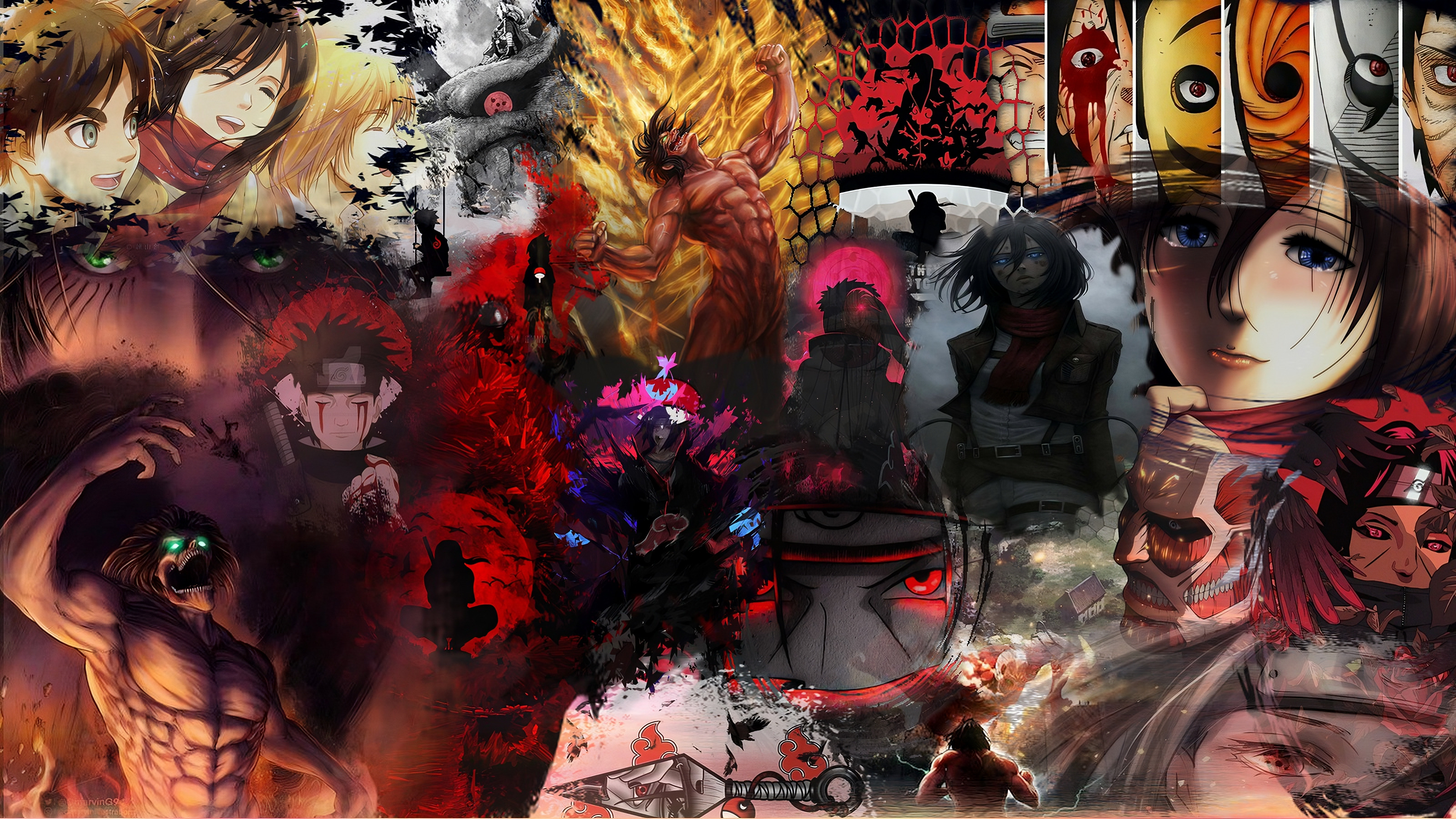 A dynamic crossover wallpaper featuring the Uchiha Clan from Naruto, the Attack on Titan cast, and the Akatsuki organization.