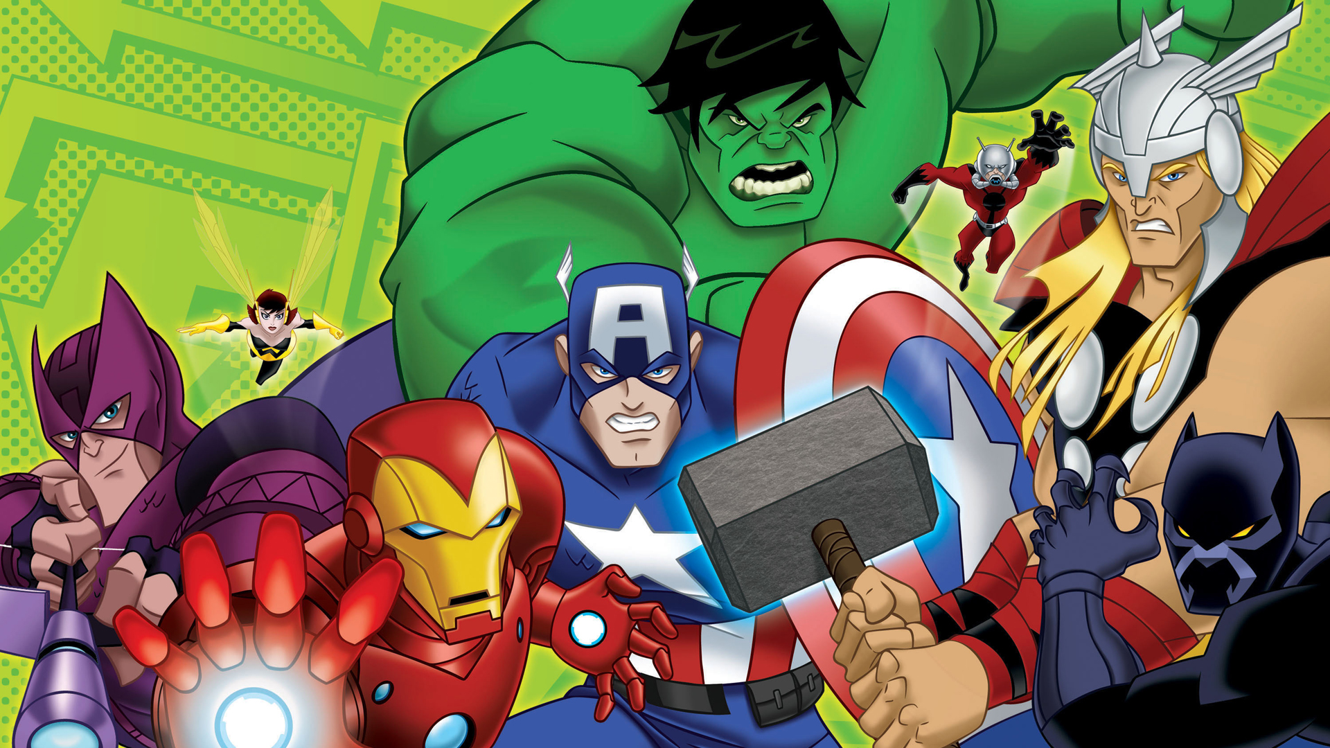 A powerful HD desktop wallpaper featuring The Avengers: Earth's Mightiest Heroes TV Show characters in action.