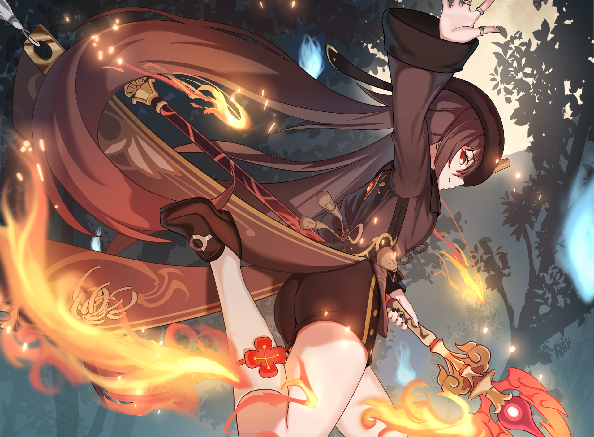 HD PC desktop wallpaper of Hu Tao from the video game Genshin Impact, featuring dynamic fiery effects and an action pose in a detailed fantasy setting.