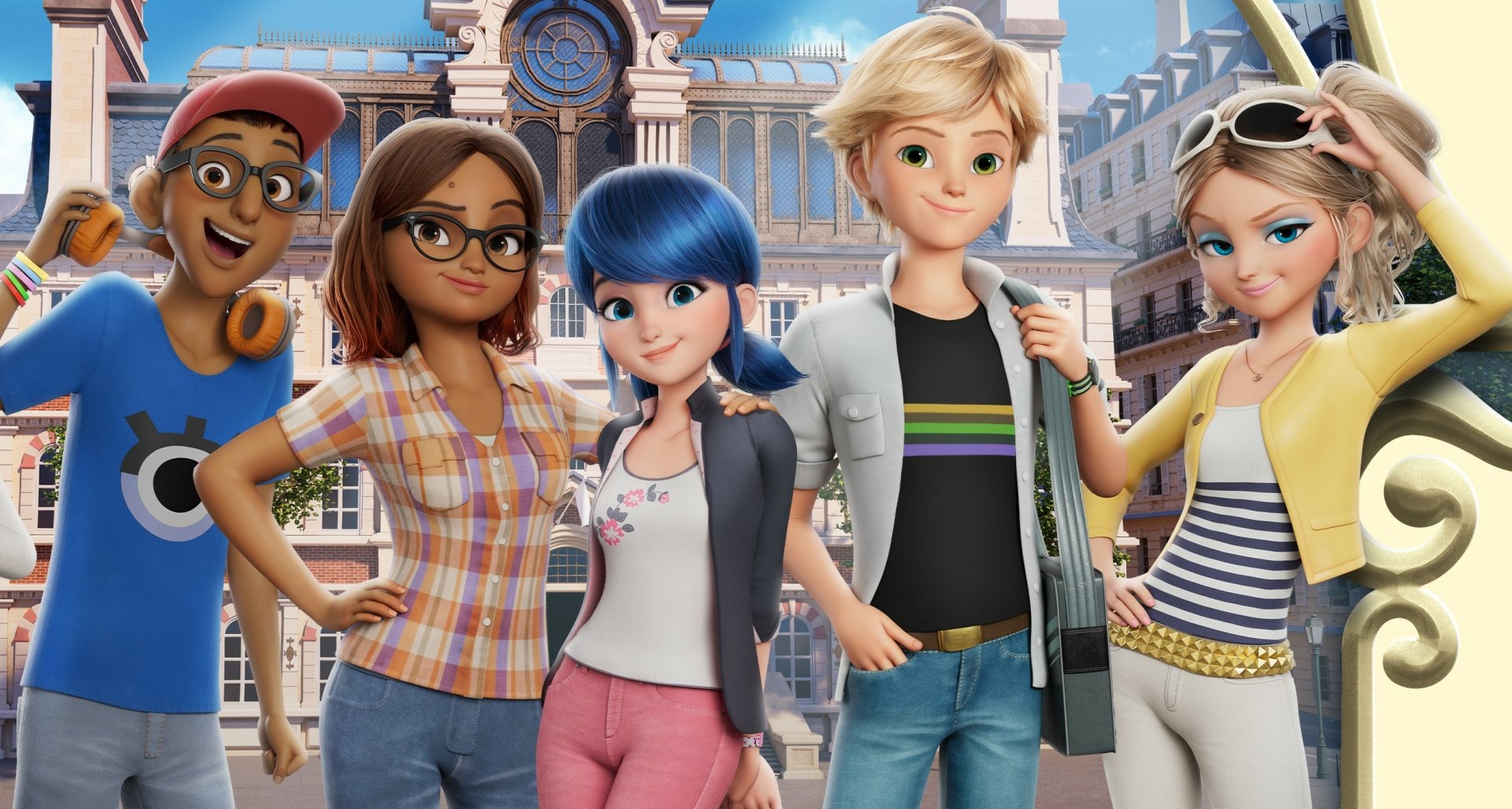 HD PC desktop wallpaper featuring main characters from the TV show Miraculous Ladybug standing confidently in front of an ornate building.
