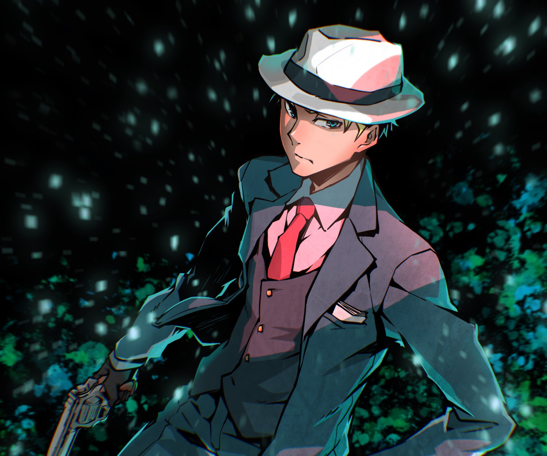 HD PC desktop wallpaper featuring Loid Forger from the anime Spy x Family, showcasing him in a sharp suit and fedora against a dark, glowing background.