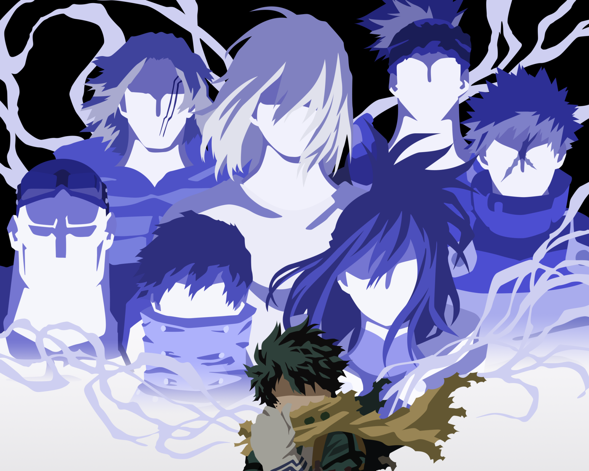 HD PC desktop wallpaper featuring Izuku Midoriya from My Hero Academia, surrounded by stylized shadowy figures in a dynamic anime-inspired design.