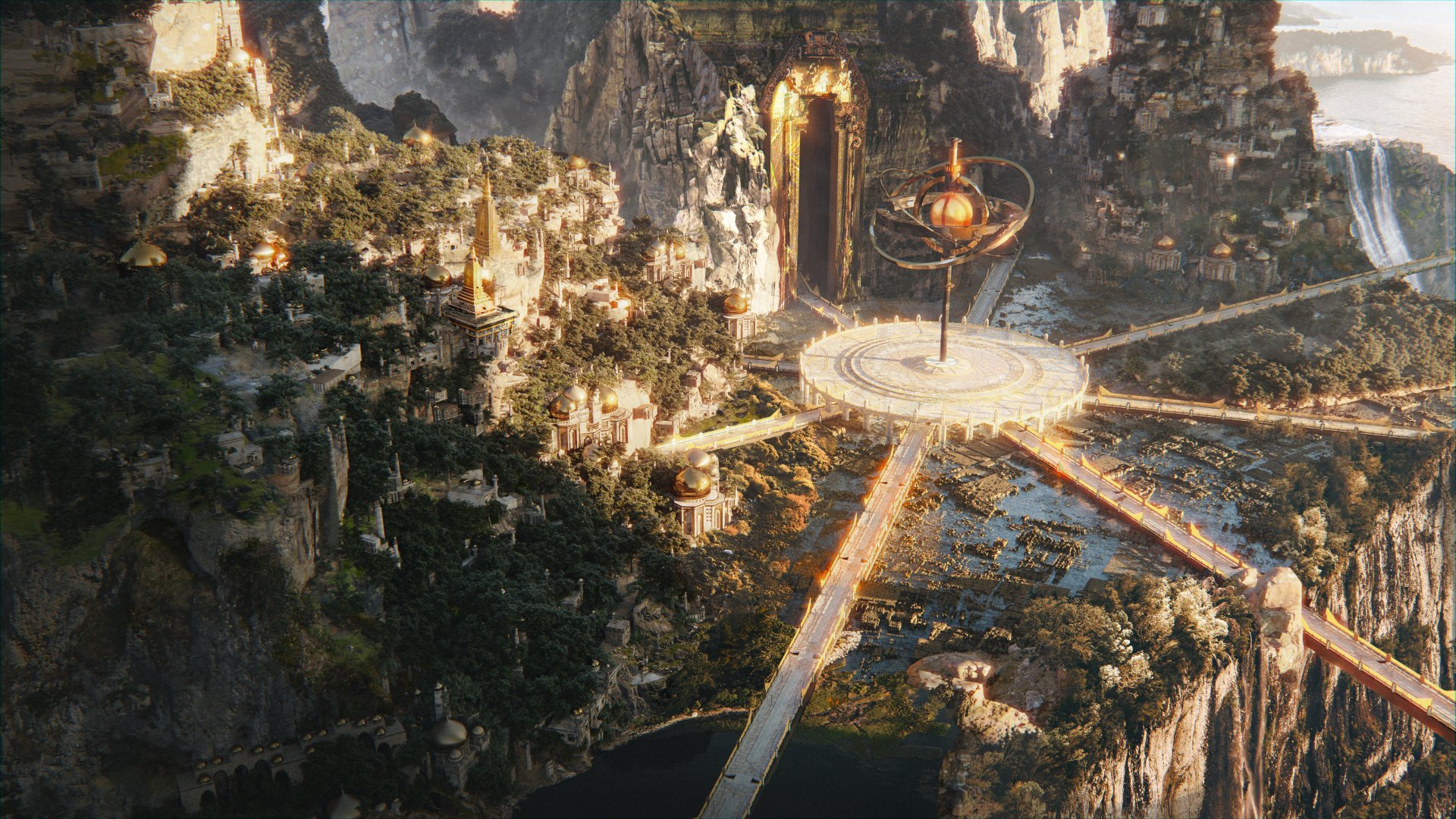 A detailed fantasy city built into rocky cliffs, featuring glowing paths radiating from a central circular platform, crafted as an HD PC desktop wallpaper.