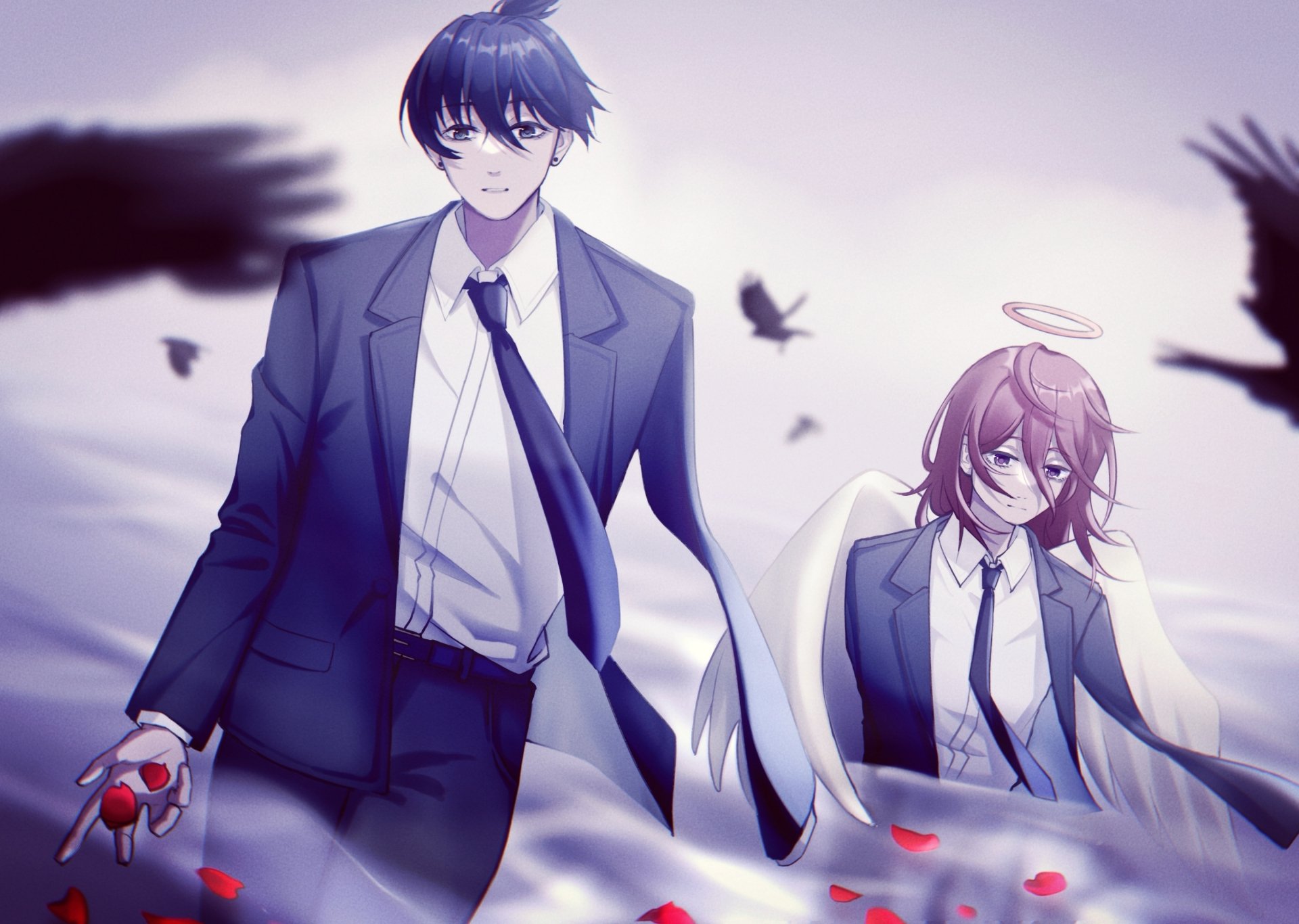 2K Quad HD PC wallpaper of Chainsaw Man anime: Aki Hayakawa in a suit holding a red heart-like object and the Angel Devil with halo and wings, crows flying against a pale sky.