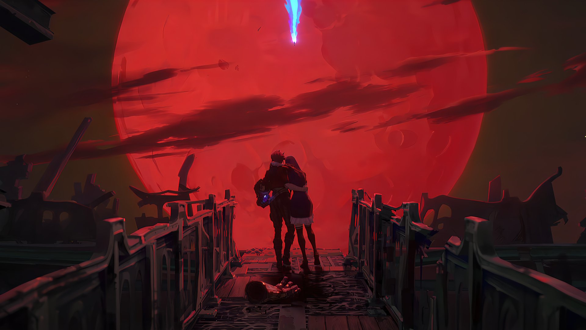 4K Ultra HD wallpaper depicting Caitlyn and Vi from the Arcane TV show, set against a dramatic red moon backdrop from the League of Legends universe.