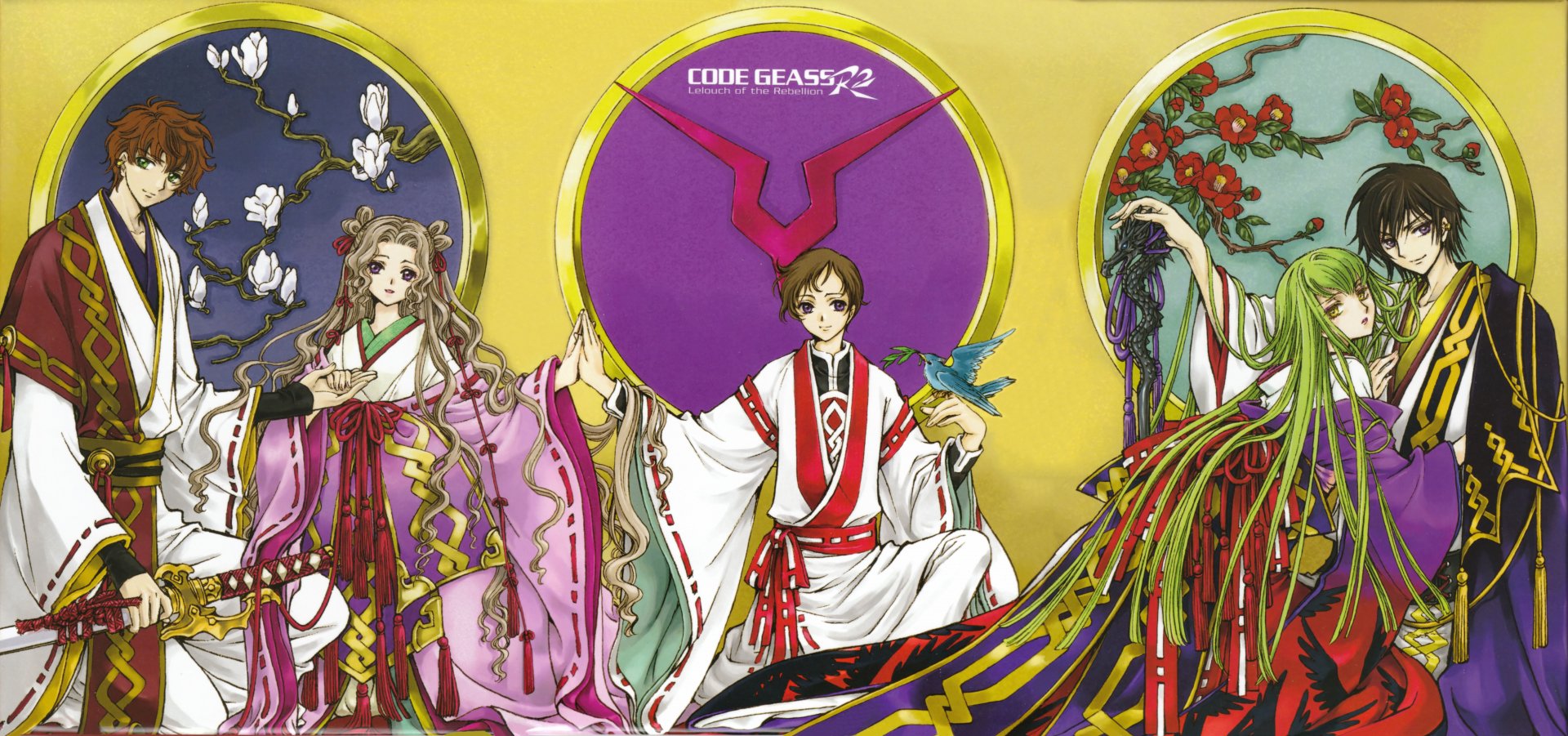 8K Ultra HD Code Geass anime wallpaper showing Jiang Lihua, Suzaku Kururugi, Rolo and Lelouch Lamperouge with C.C., in ornate ceremonial robes against bold gold, purple and red motifs.