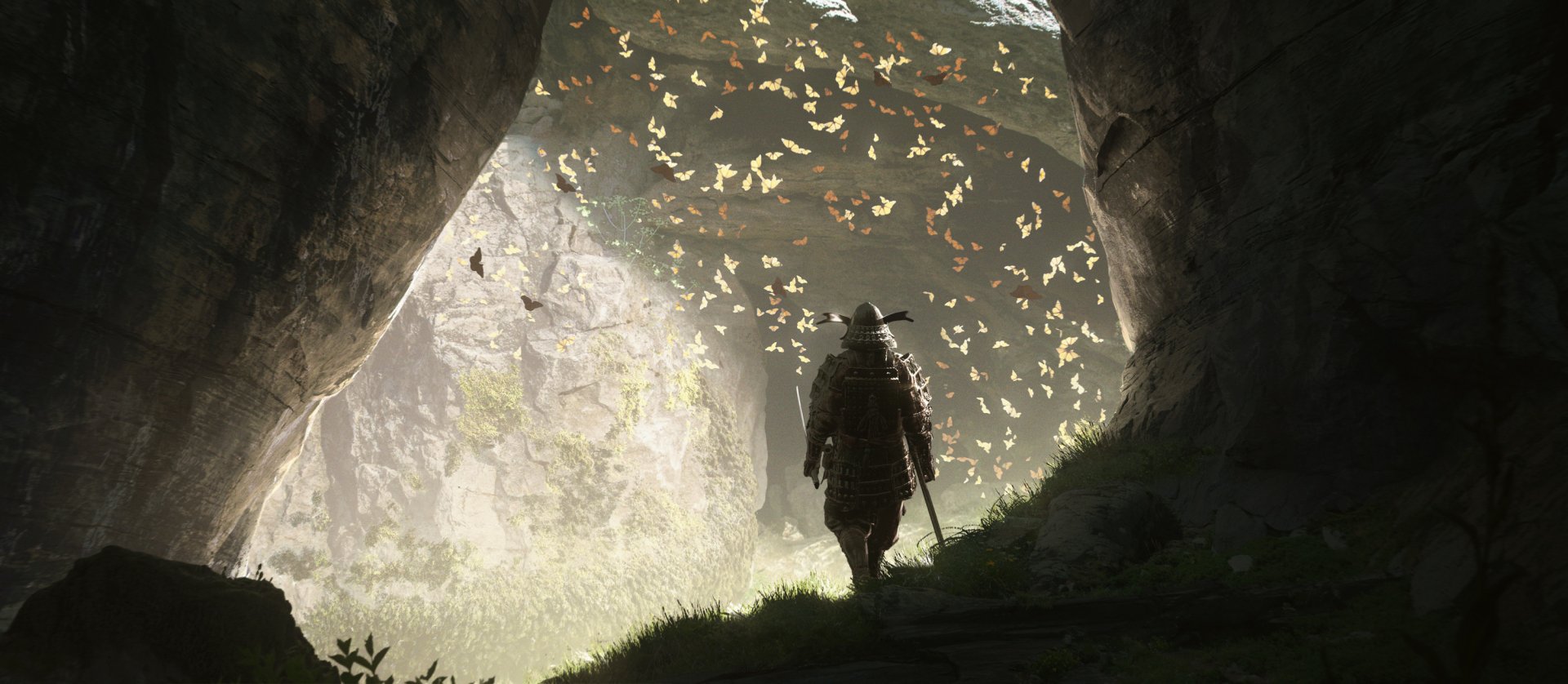 Fantasy-themed HD PC desktop wallpaper showing a lone samurai standing at a cave entrance, surrounded by glowing butterflies under soft, diffused light.