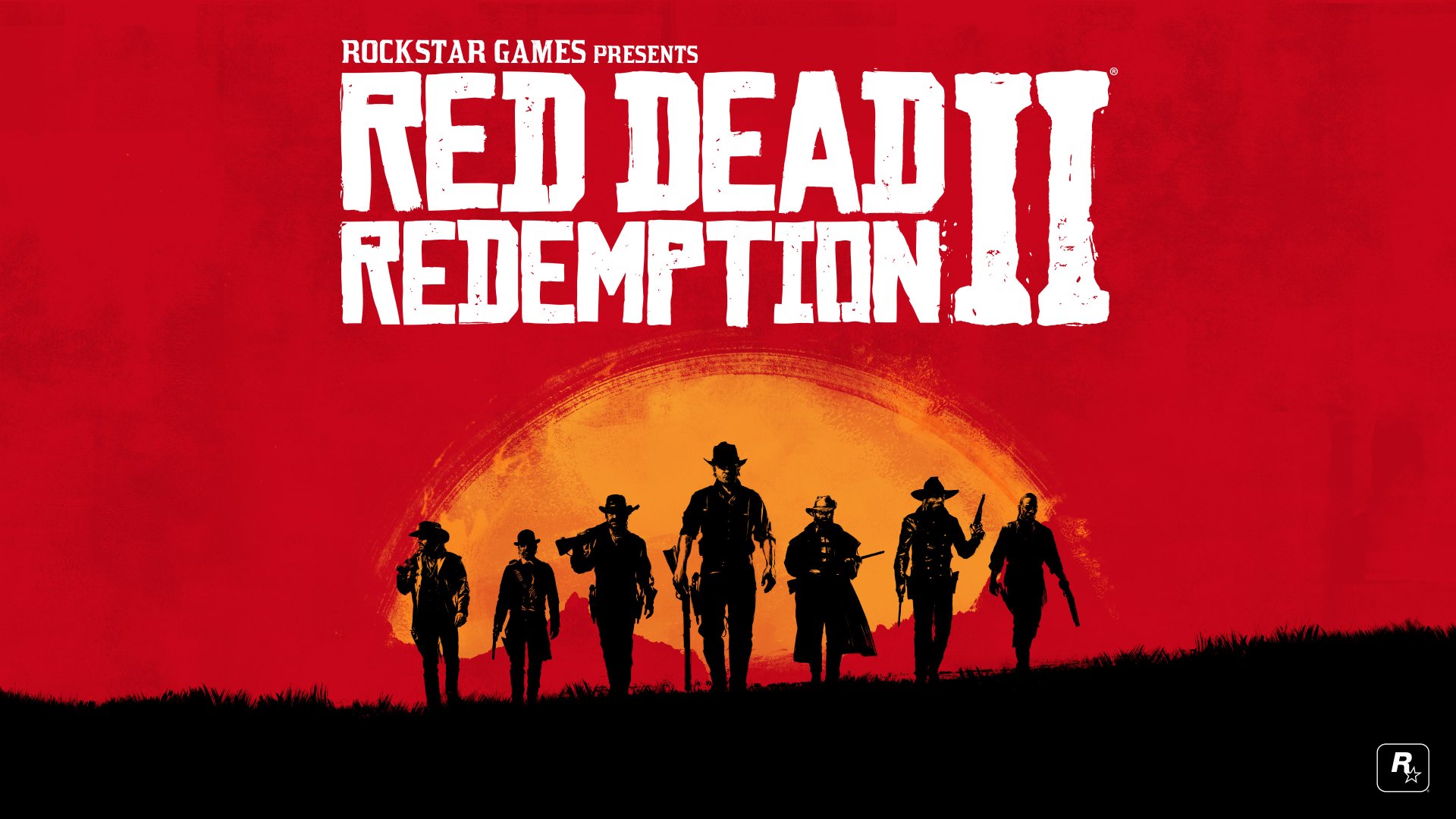 4K Ultra HD PC wallpaper featuring the Red Dead Redemption 2 logo with silhouettes of seven characters against a bold red and orange background.