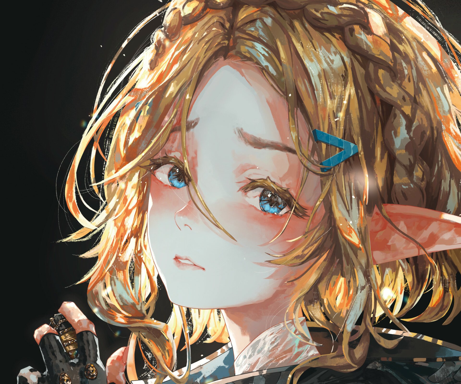 HD PC desktop wallpaper featuring a detailed close-up of Princess Zelda from the video game The Legend of Zelda: Tears of the Kingdom with a soft, expressive gaze.