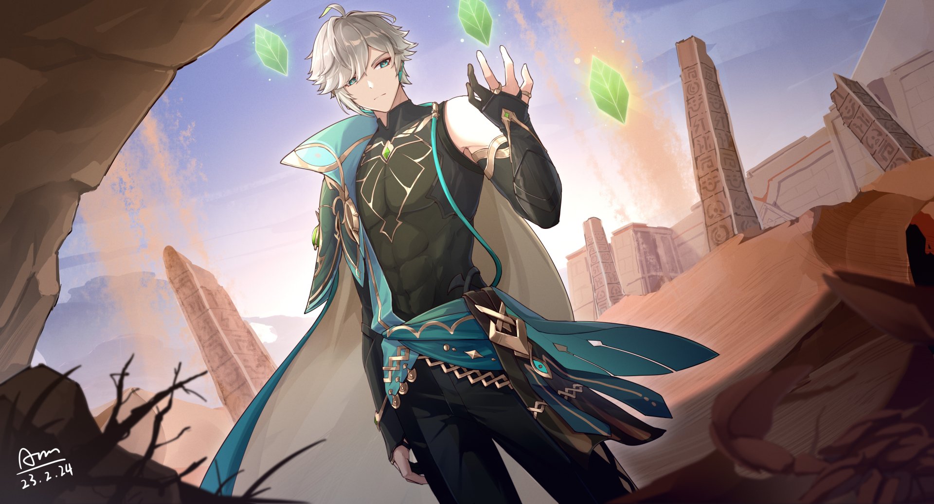 Al-haitham (Genshin Impact) in sunlit desert ruins with teal cloak and floating green crystals — video game art, 5K Ultra HD PC Desktop Wallpaper and Background.