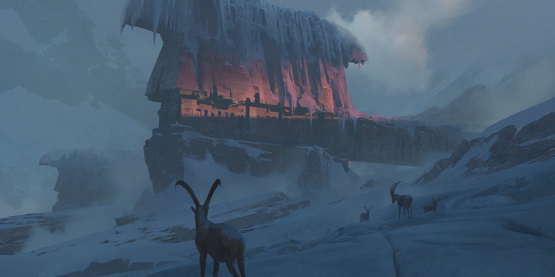 Fantasy cliffside building glowing with red light above a snowy pass, horned goats silhouetted in the foreground — 2K Quad HD PC desktop wallpaper and background.