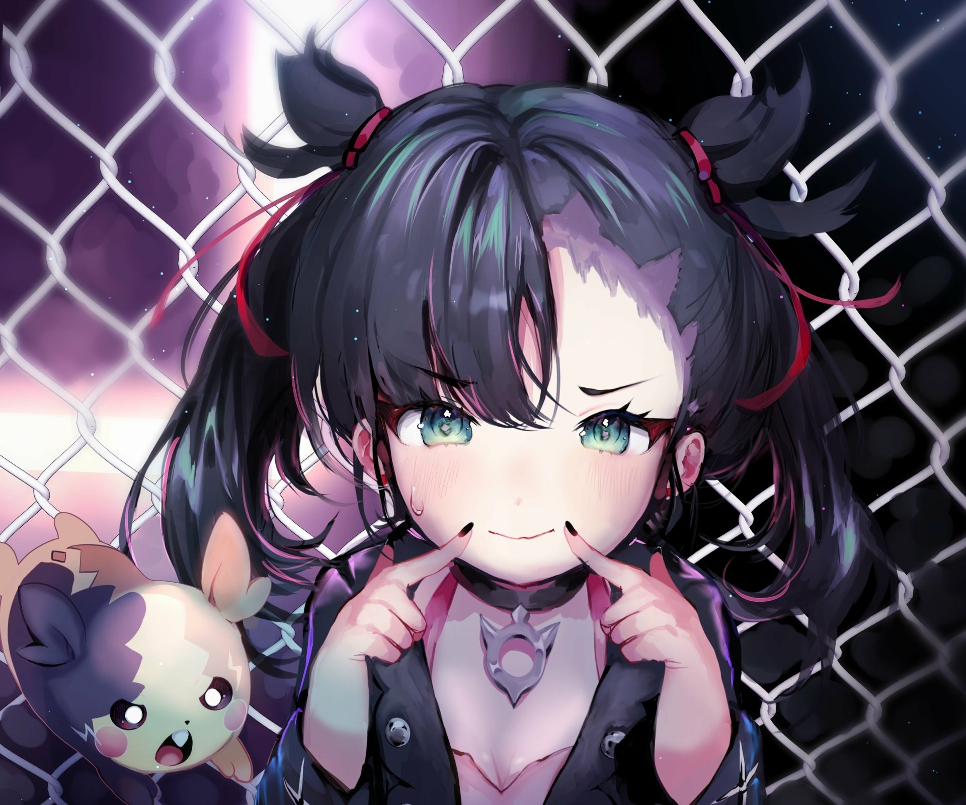 HD PC desktop wallpaper featuring Marnie from Pokémon: Sword and Shield, showcasing her playful expression against a chain-link fence background.