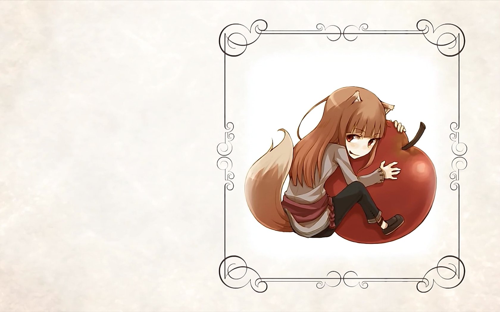 A charming HD wallpaper featuring Holo from Spice and Wolf, playfully sitting next to a large red apple, framed by delicate swirls on a soft background.
