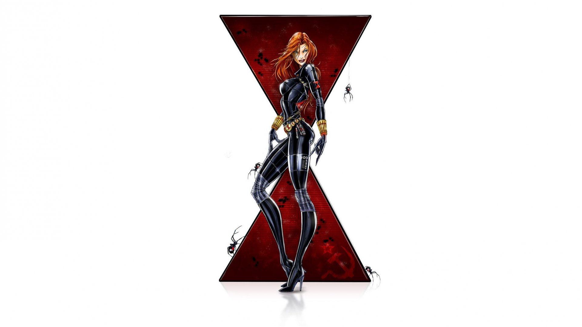 HD PC desktop wallpaper featuring a comic-style Black Widow standing confidently against a red hourglass-shaped background.