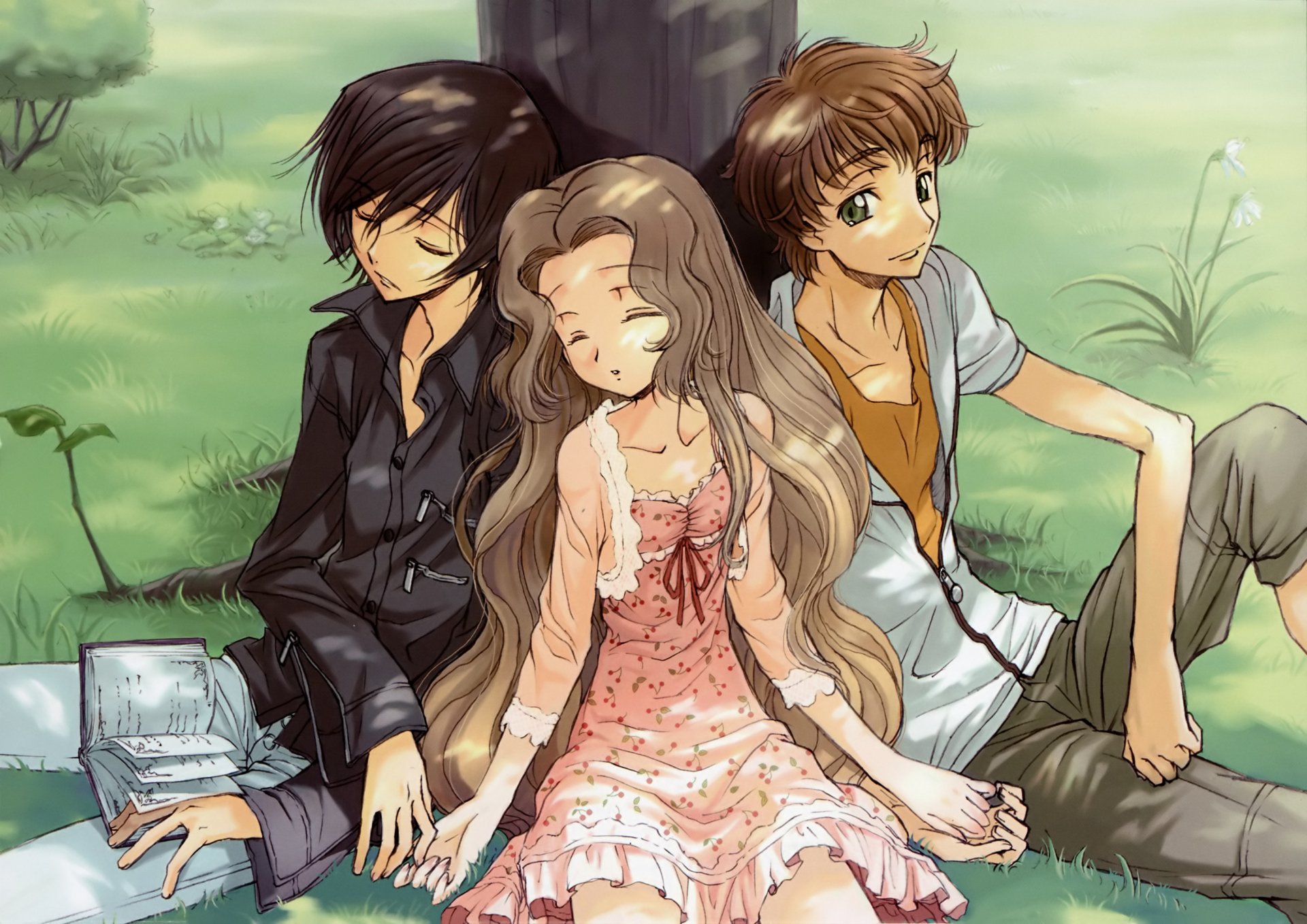 A serene HD desktop wallpaper featuring Suzaku Kururugi, Lelouch Lamperouge, and Nunnally Lamperouge from the anime Code Geass, relaxing together in a lush outdoor setting.