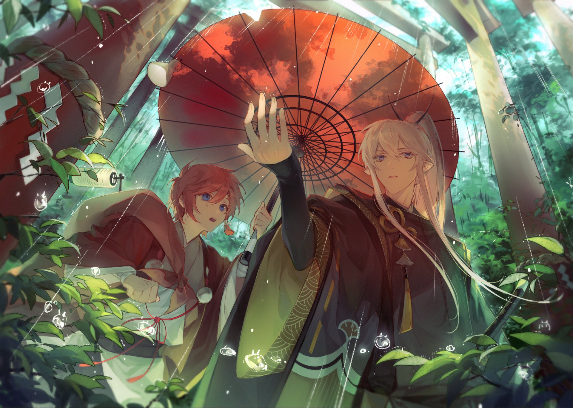 HD PC desktop wallpaper featuring characters from the video game Honkai: Star Rail in a vibrant, lush forest setting with a red umbrella.