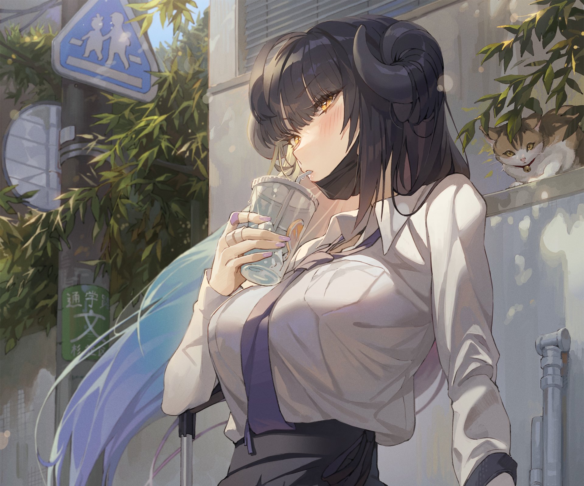 HD PC desktop wallpaper: anime girl with dark hair and small horns sipping a drink on a sunlit street, wearing a school uniform with golden eyes, while a curious cat peeks from a nearby window — anime, girl, anime girl