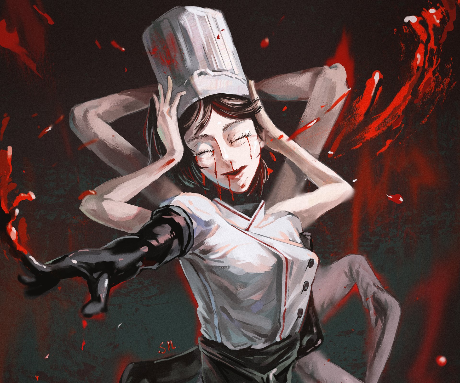 HD PC desktop wallpaper of the Falling Devil (Chainsaw Man): anime scene of a blood-streaked nurse-like figure with extra arms and a tilted cap, reaching out amid swirling red streaks on a dark background.