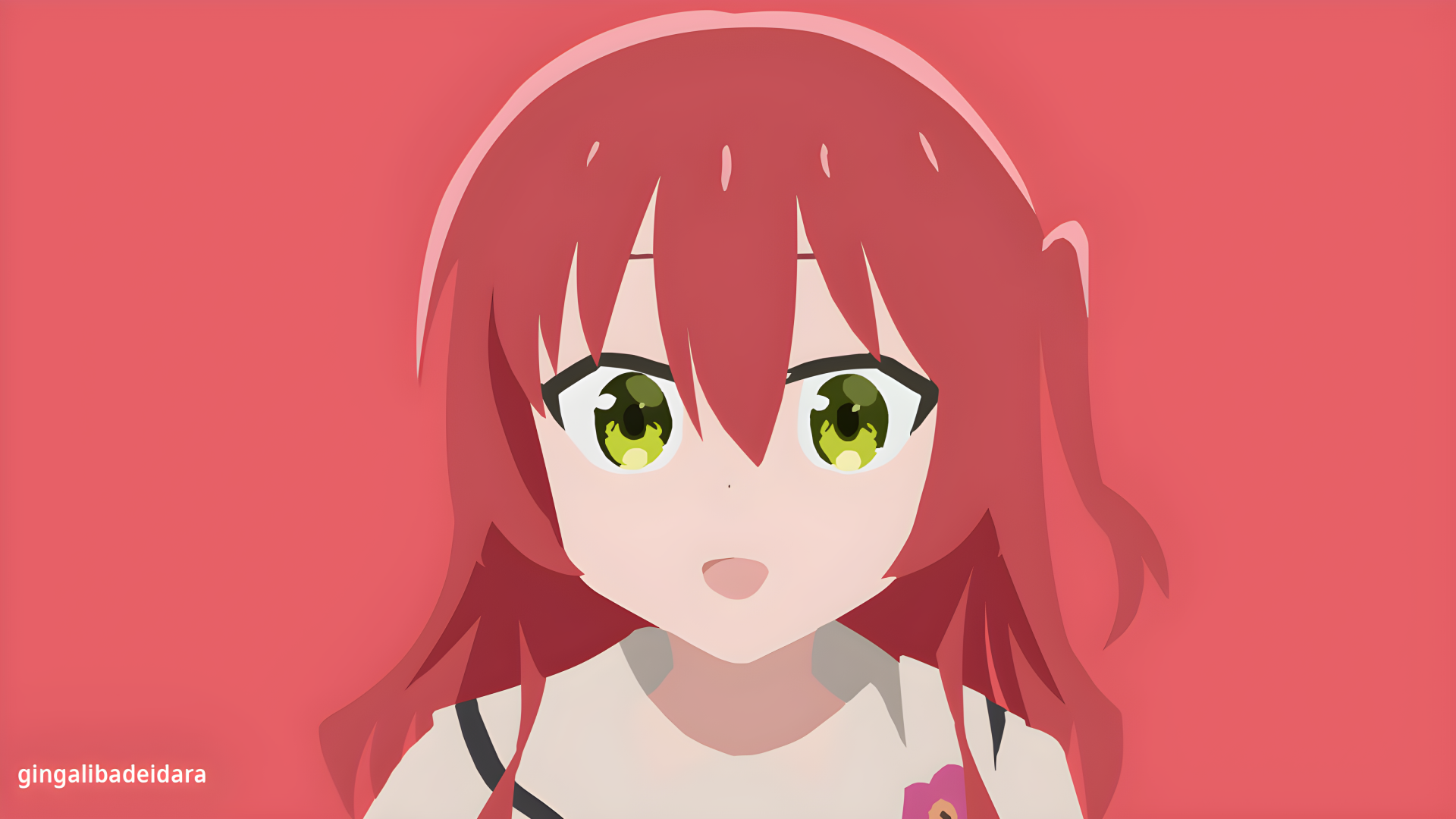 Ikuyo Kita (Bocchi the Rock!) — close-up anime portrait with red hair and green eyes on a coral background, 4K Ultra HD PC desktop wallpaper.
